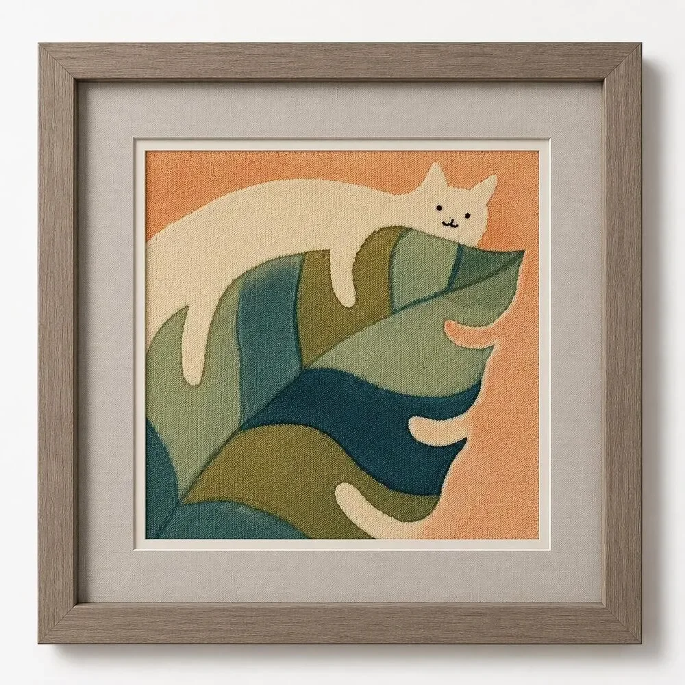 Lazy Cat Tropical Leaf Batik Wall Art, Handmade Cat Art Decor, Cat Lover Gift
